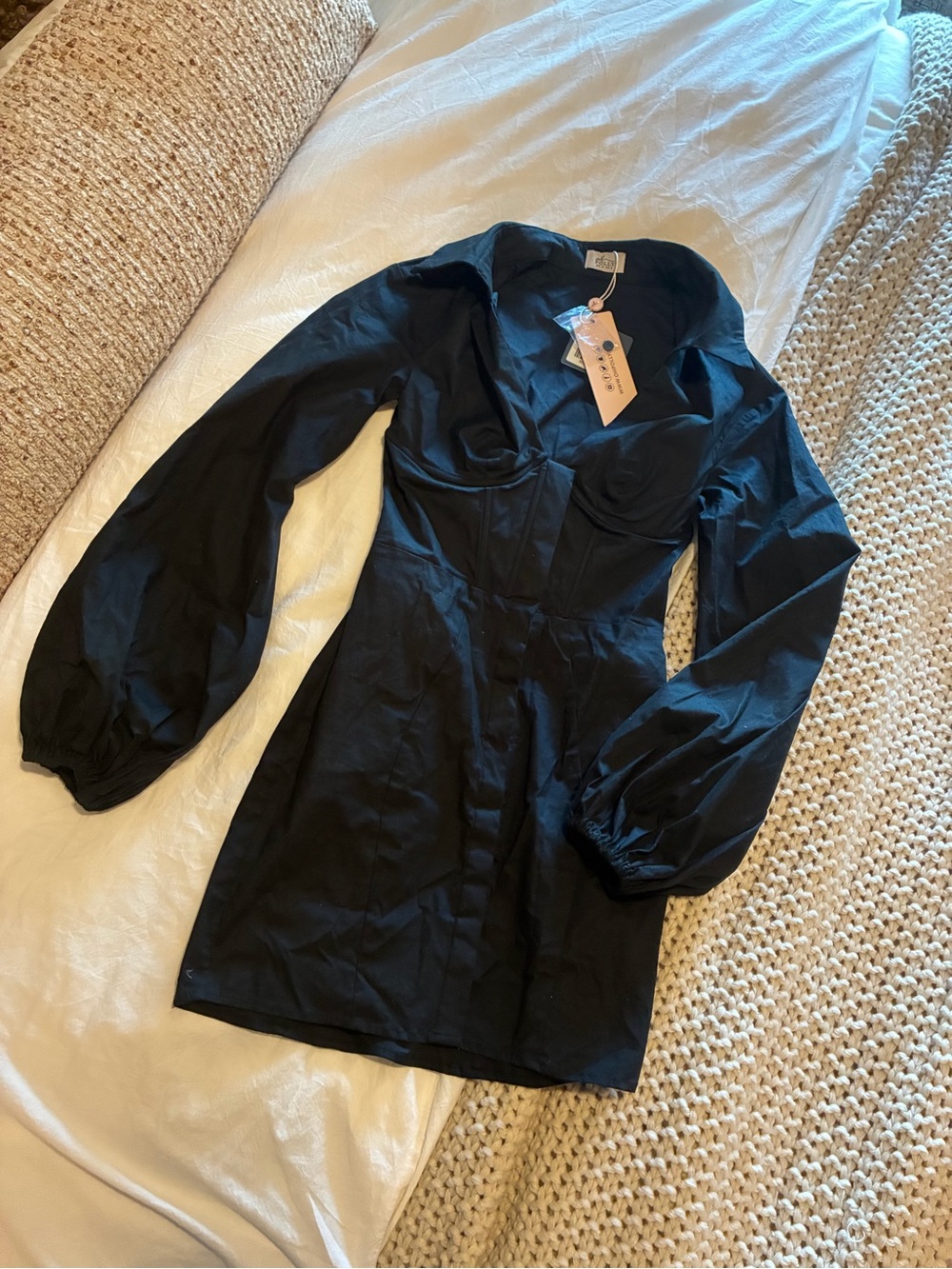 Oh Polly Black Long-Sleeve Mini Dress. Corset/button front